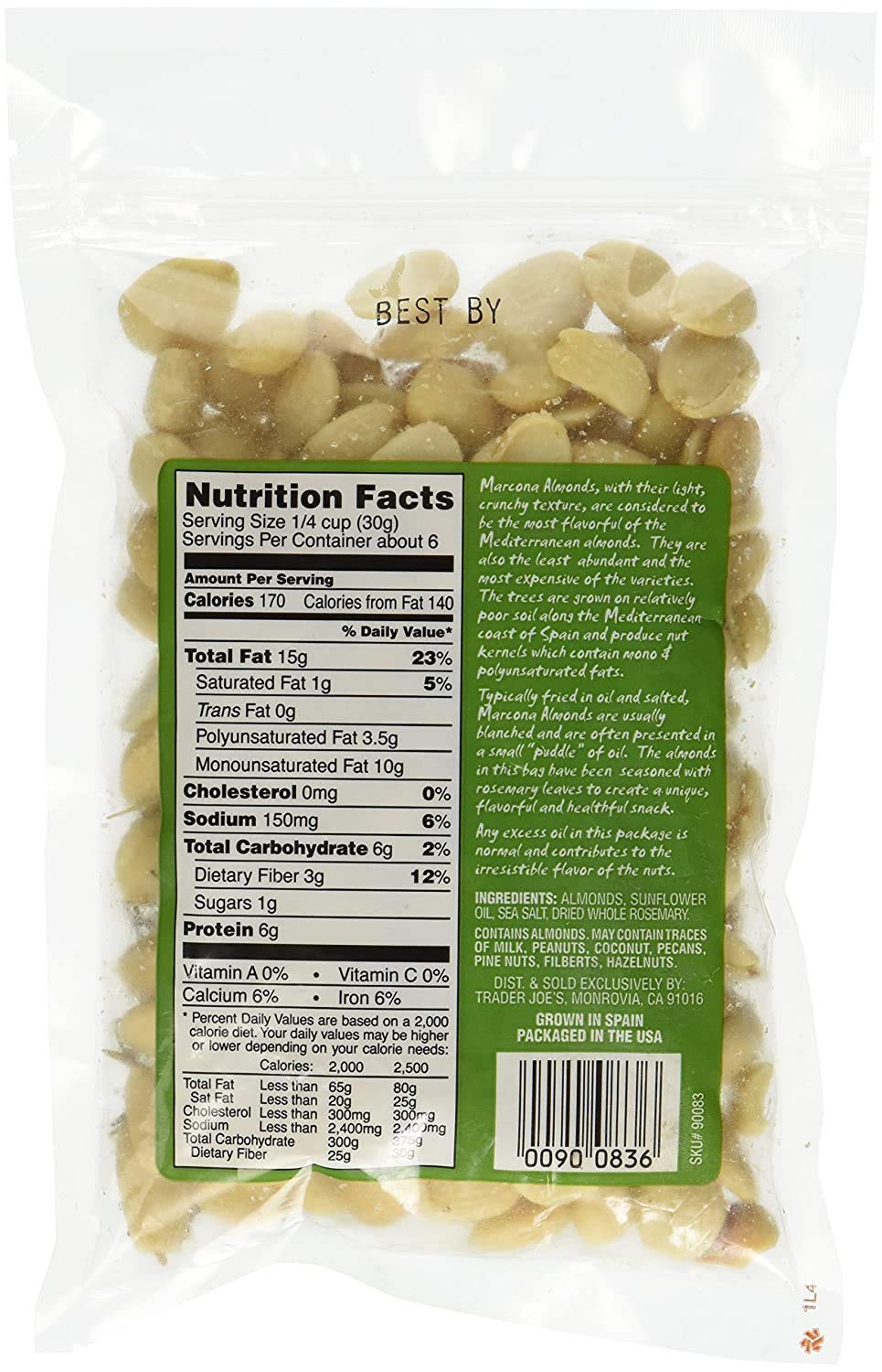 Trader Joe's marcona almonds close-up, golden roast with rosemary flecks for rich flavor.