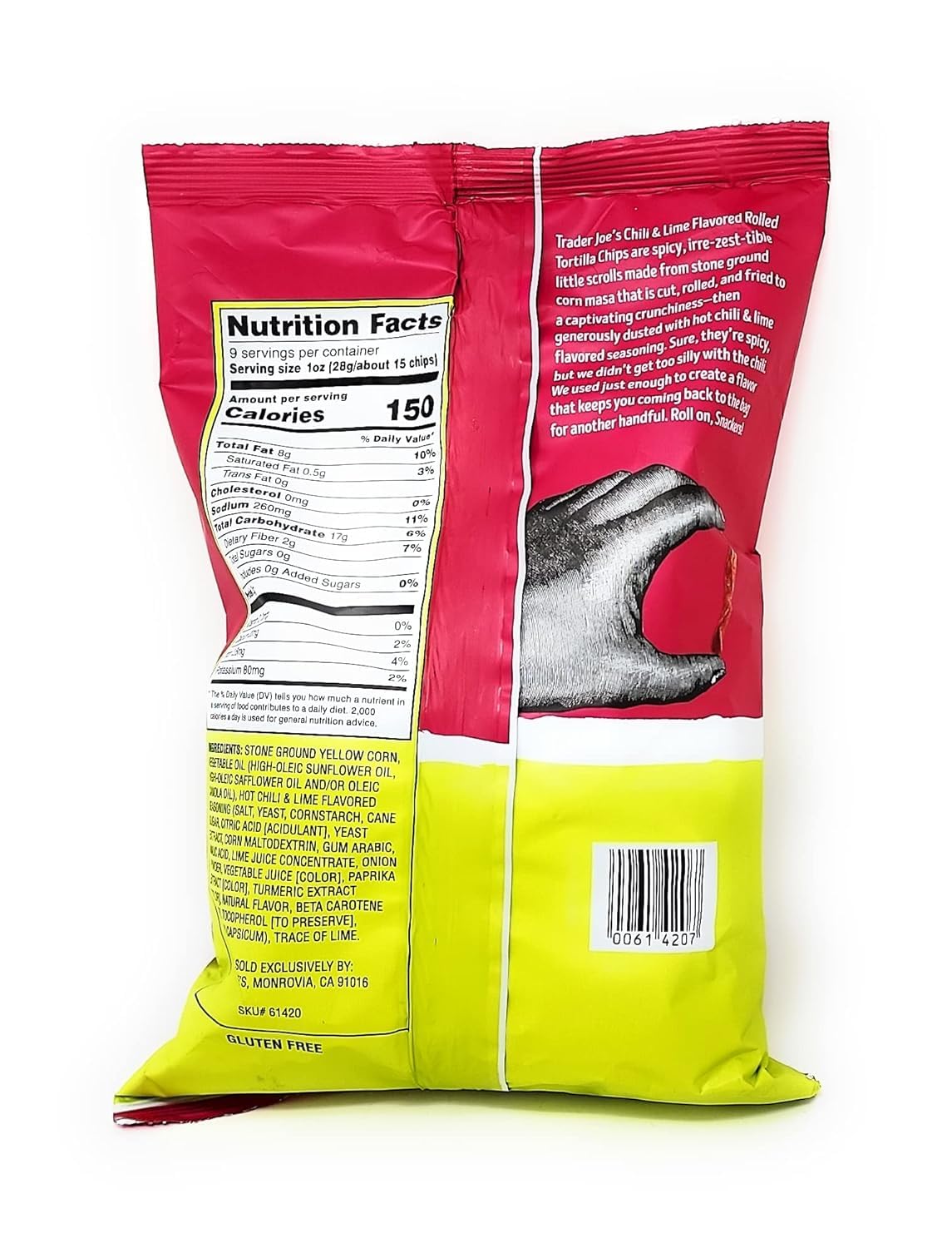 Trader Joe's rolled corn tortilla chips chili lime close-up showing vivid zesty crunch for appetizers