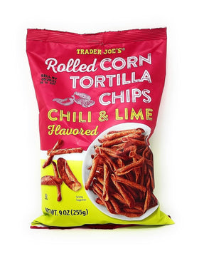 Trader Joe's rolled corn tortilla chips chili lime pack on display with bold flavor for snacking