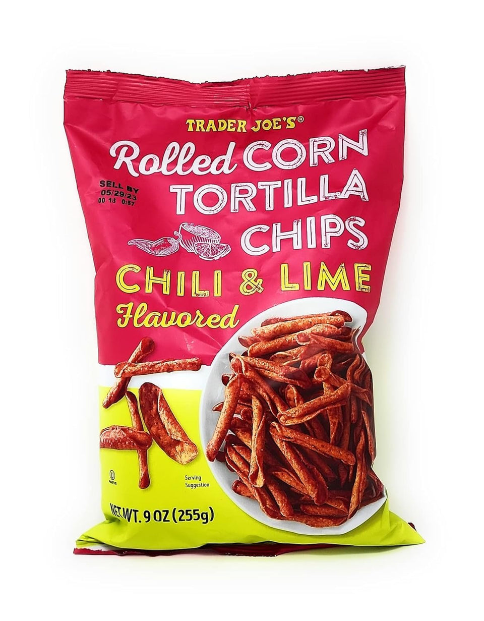 Trader Joe's rolled corn tortilla chips chili lime pack on display with bold flavor for snacking