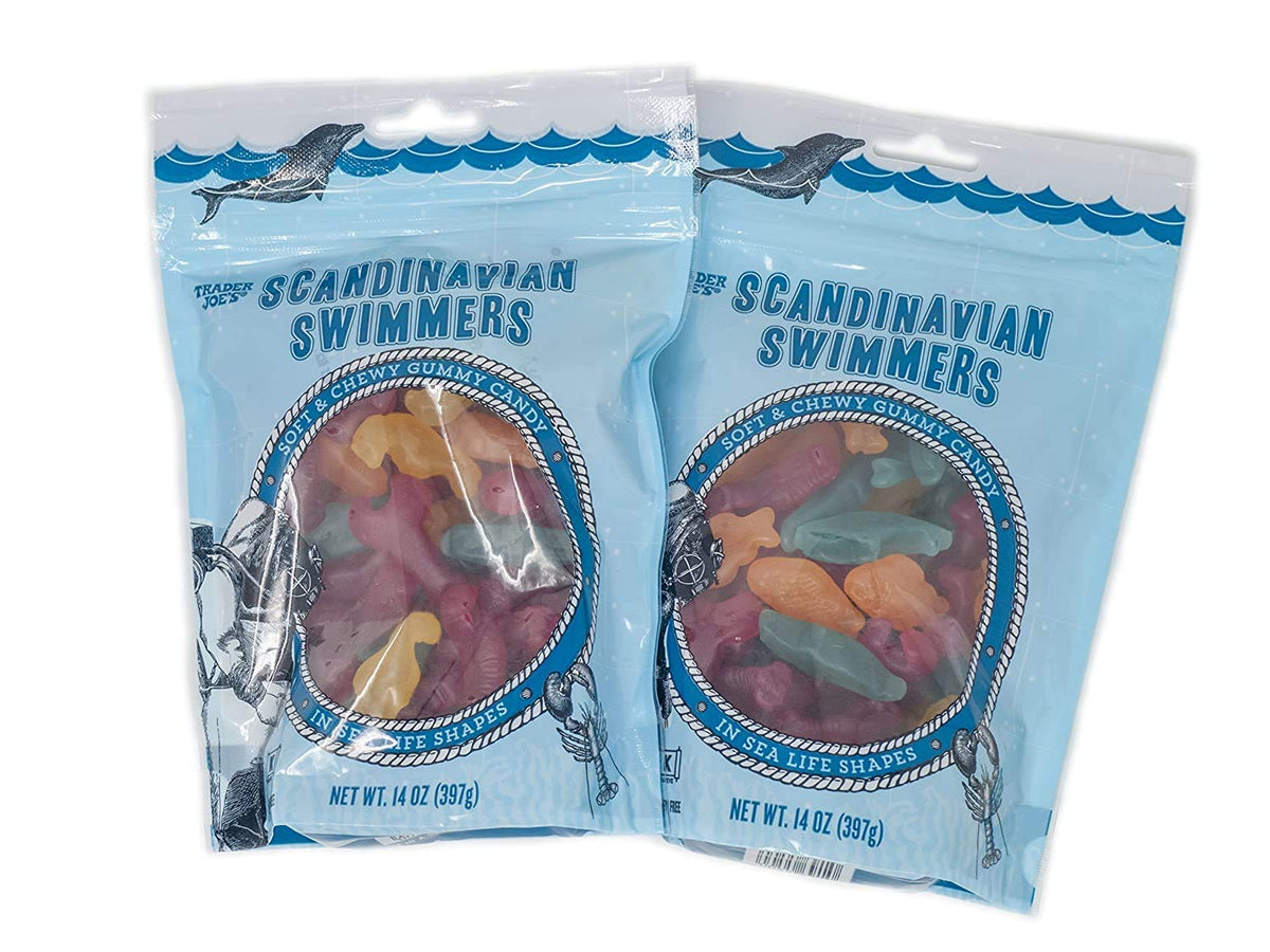 Trader Joe's Scandinavian Swimmers gummies in fish shapes, vibrant colors for lunchbox treats.