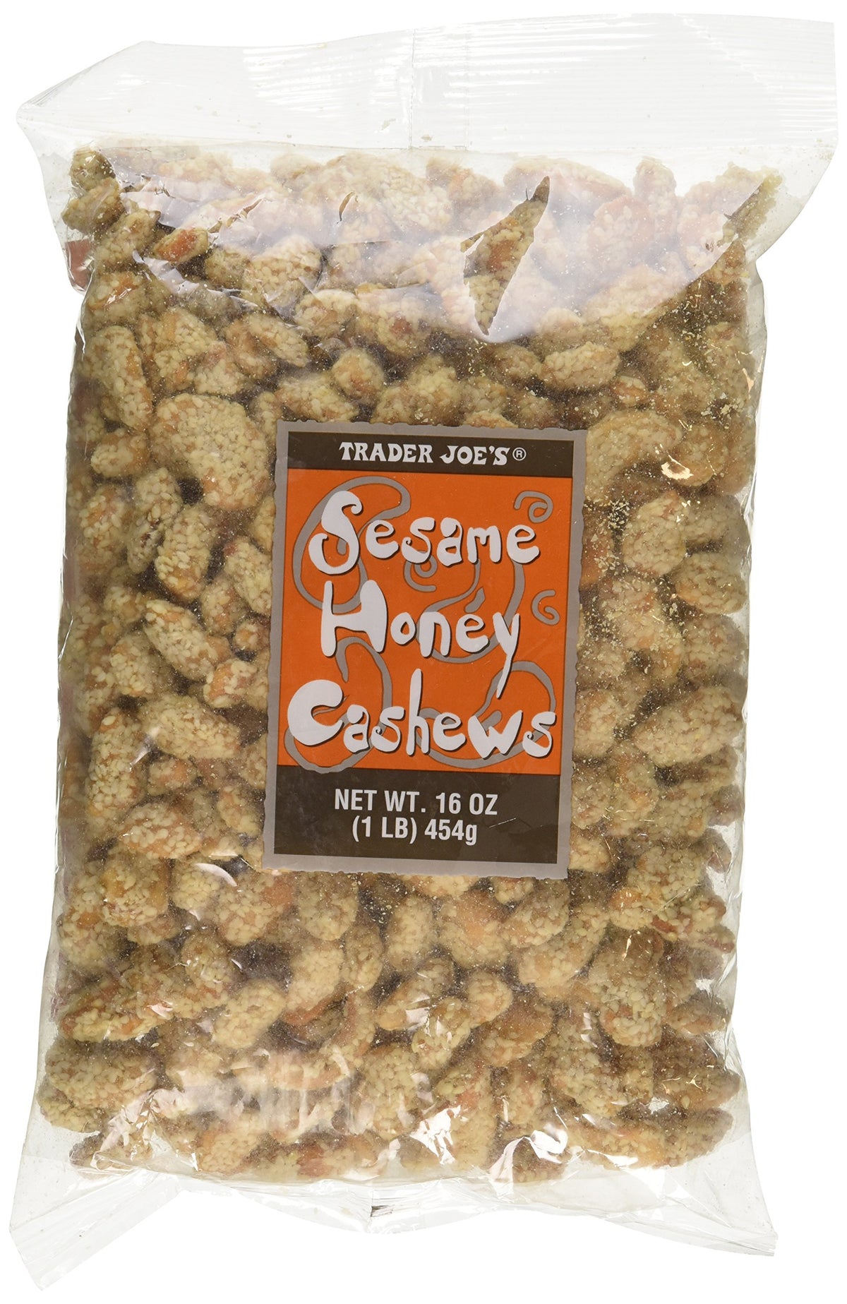Trader Joe's Sesame Honey Cashews close-up showing sesame seeds, perfect on-the-go energy snack.