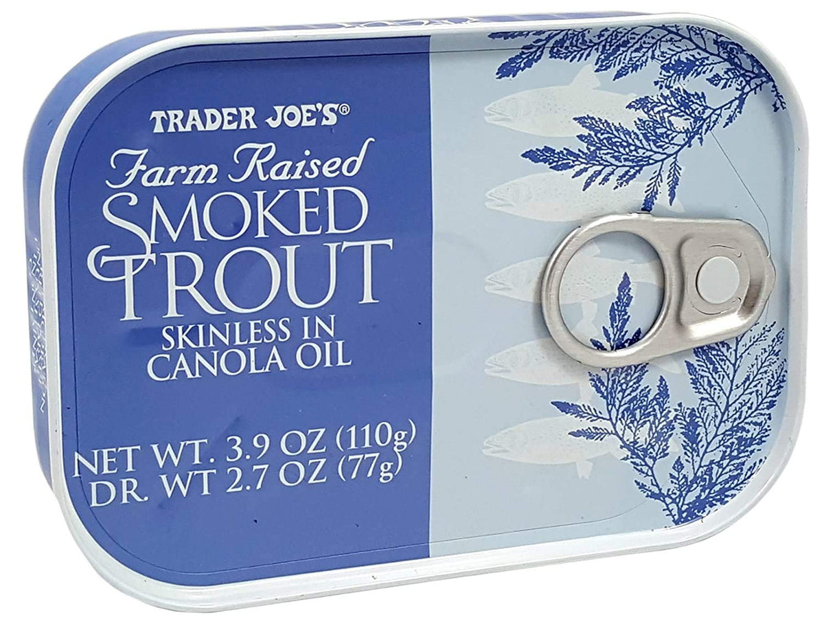 Close-up of Trader Joe's smoked trout fillets in oil, skinless and ready to flake into salads