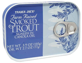 Close-up of Trader Joe's smoked trout fillets in oil, skinless and ready to flake into salads