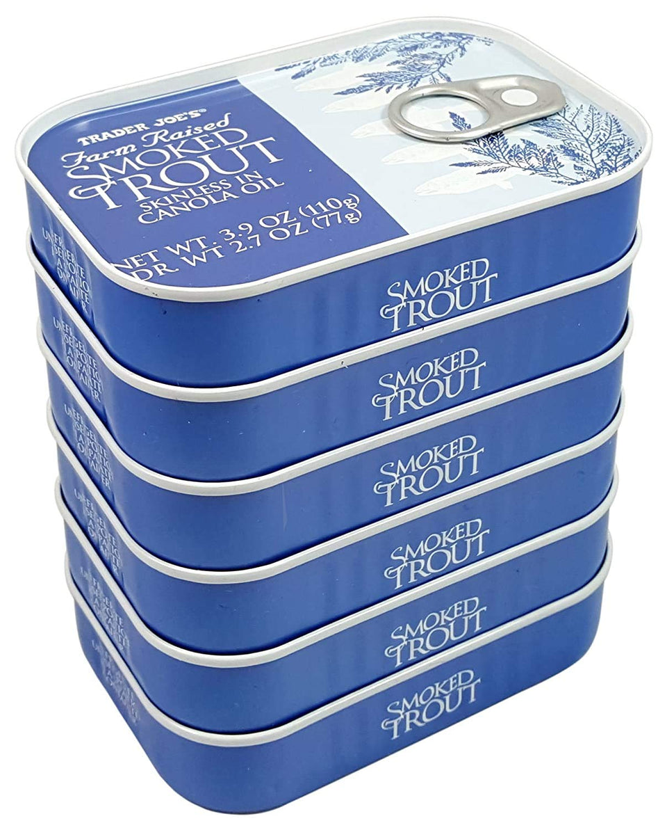 Trader Joe's smoked trout fillets in oil skinless tin, compact six-pack for quick meals