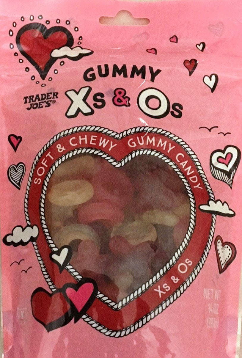 Trader Joe's Soft Chewy Gummy X's & O's front display, fun snack for families