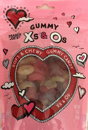 Trader Joe's Soft Chewy Gummy X's & O's front display, fun snack for families