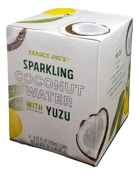 Trader Joe's Sparkling Coconut Water with Yuzu bottle front, offering crisp tropical refreshment.