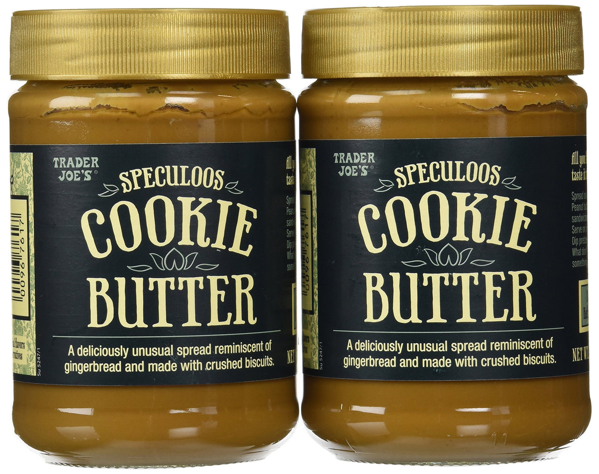 Trader Joe's Speculoos Cookie Butter two-pack jars, smooth spread for toast, pancakes, and desserts.