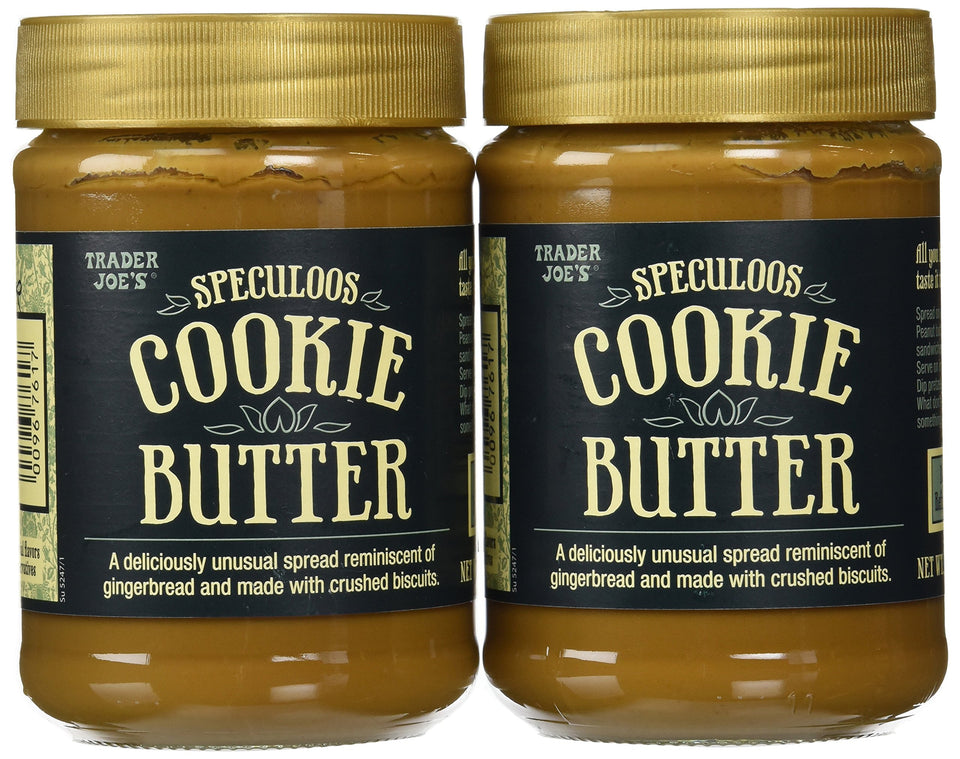 Trader Joe's Speculoos Cookie Butter two-pack jars, smooth spread for toast, pancakes, and desserts.