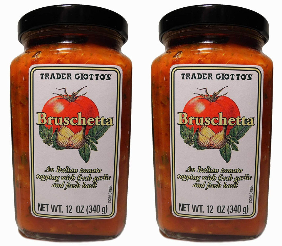 Trader Joe's Trader Giotto's bruschetta pack 2 on a rustic board, ready for entertaining.