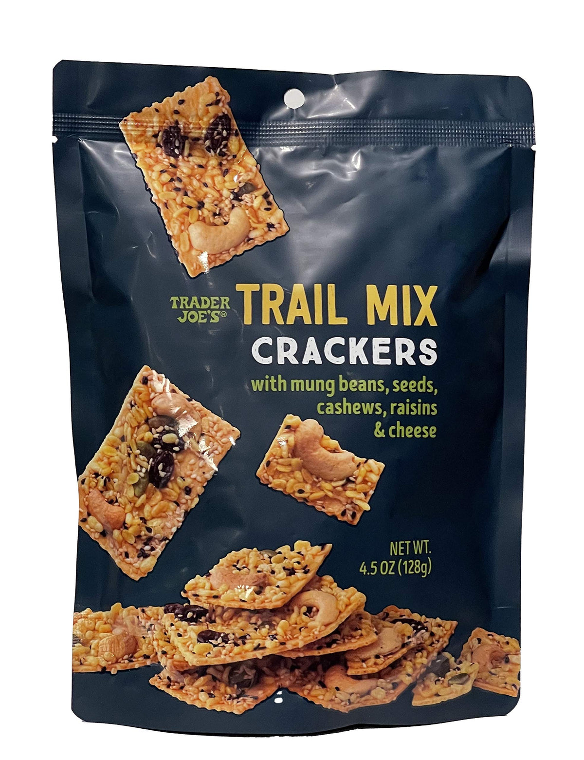 Trader Joe's Trail Mix Crackers close-up, displaying crunchy mung beans for an on-the-go, savory snack.