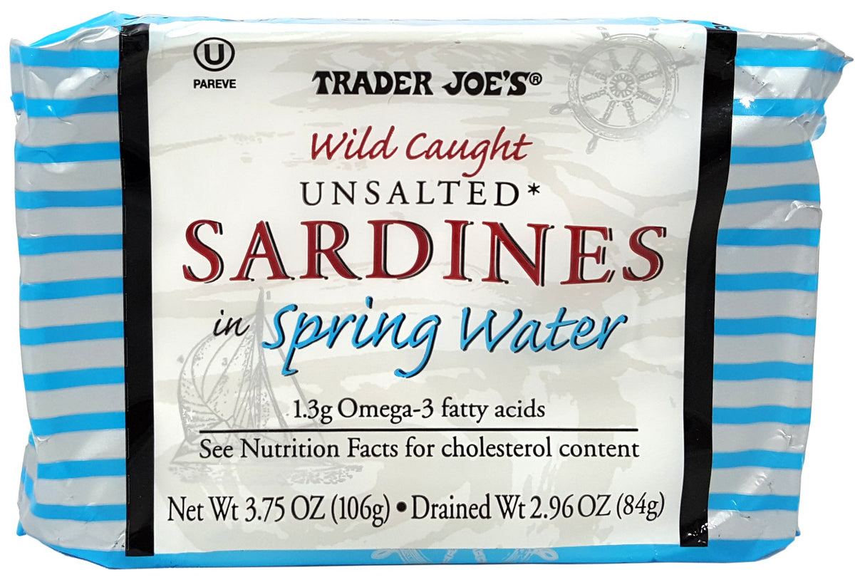 Trader Joe's unsalted sardines in spring water tin, convenient pantry protein.