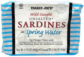 Trader Joe's unsalted sardines in spring water tin, convenient pantry protein.