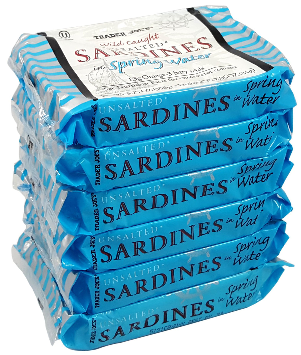 Trader Joe's unsalted sardines in spring water, protein-rich for quick meals.