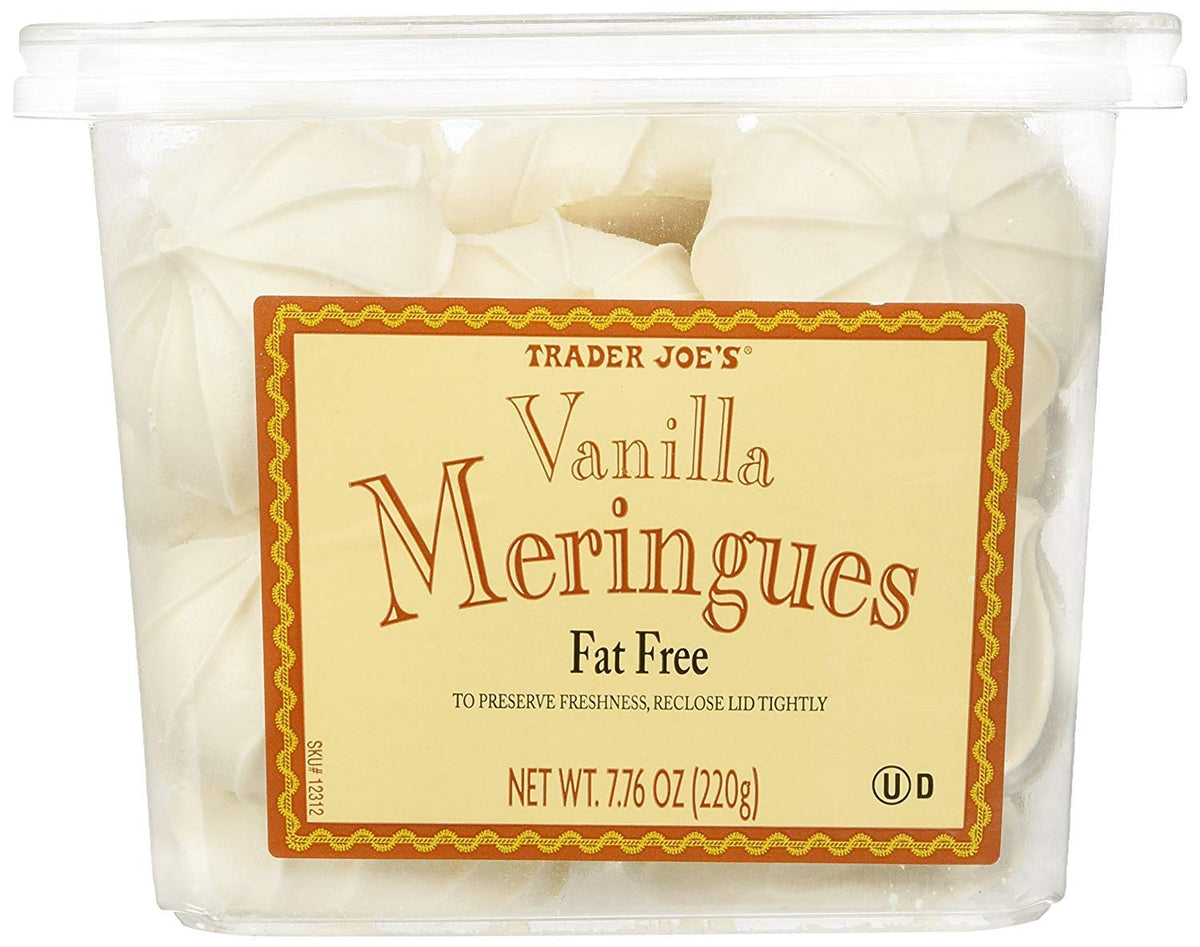 Trader Joe's vanilla meringues cookies, two-pack, crisp and delicate, ideal with tea.