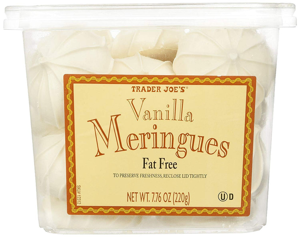 Trader Joe's vanilla meringues cookies, two-pack, crisp and delicate, ideal with tea.