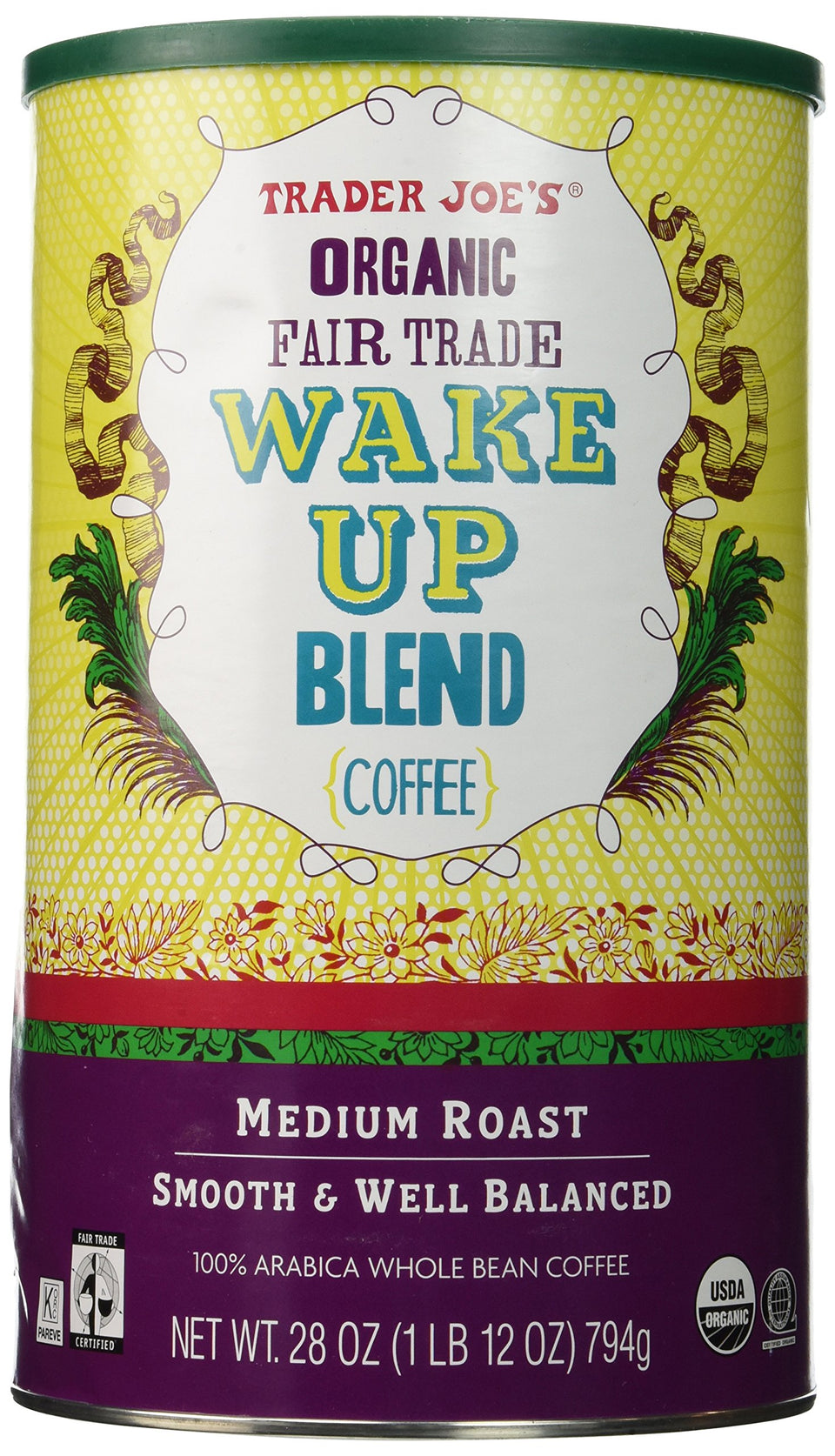 Trader Joe's Wake Up Blend coffee bag shows organic, fair trade beans for a balanced morning brew.