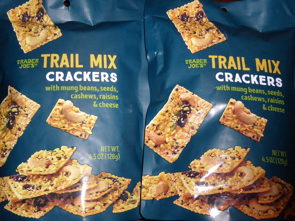 TraderB Trail Mix Crackers closeup of mung beans and cheese flavors for a savory snack.