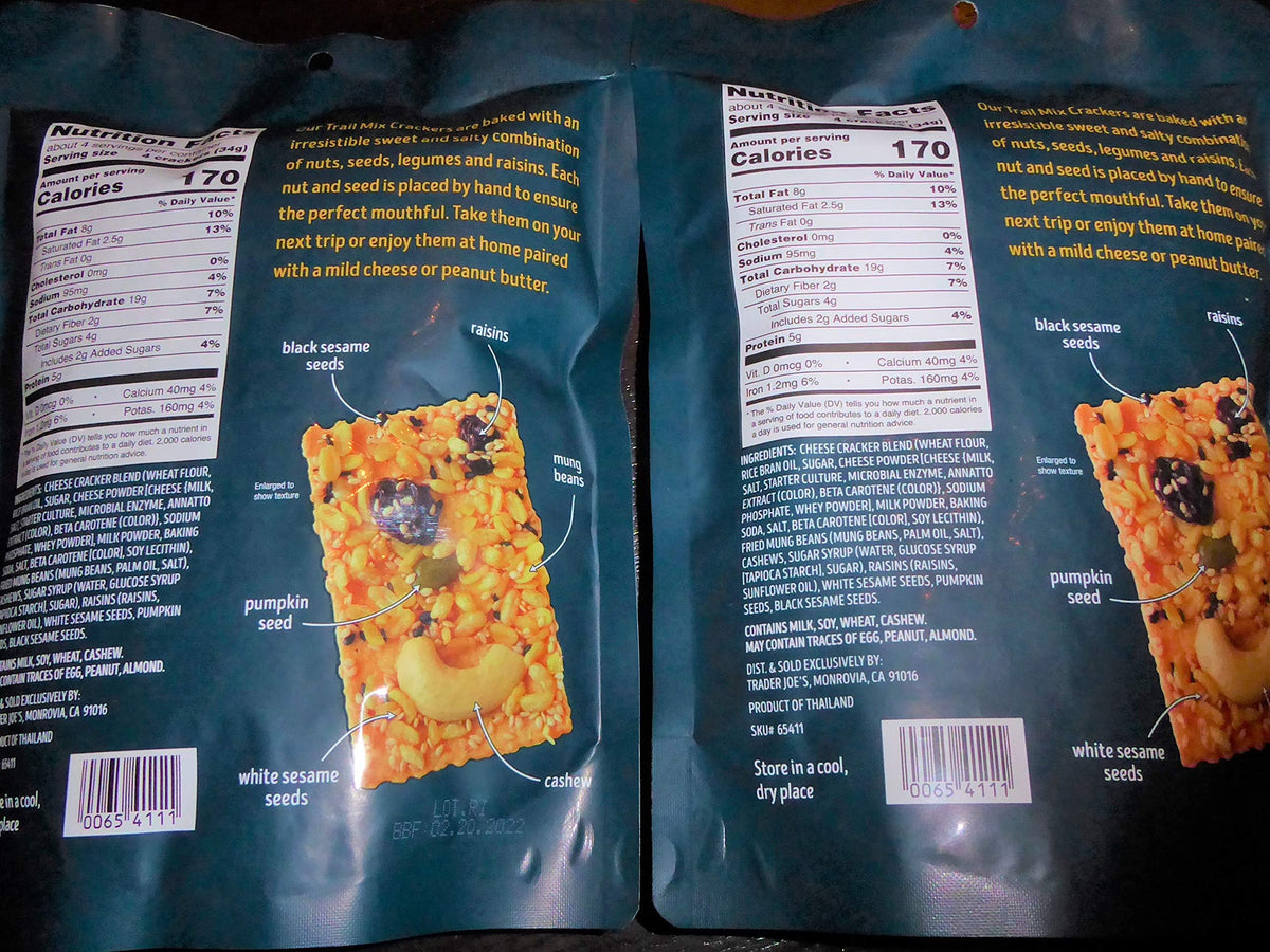 TraderB Trail Mix Crackers two-pack display ideal for travel or on-the-go snacking.