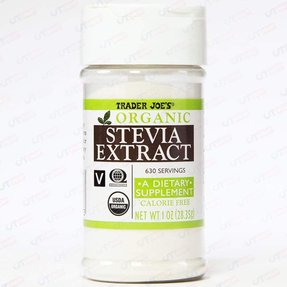 Trader Joe's Organic Stevia Extract bottle pour for calorie-free sweetness in drinks
