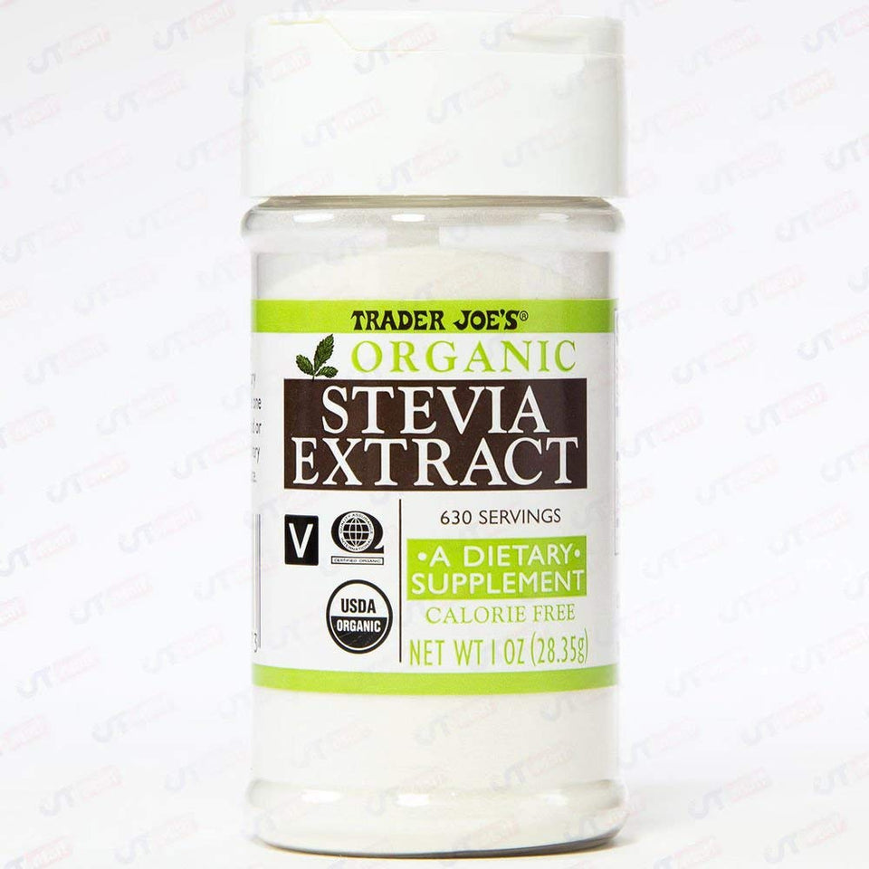 Trader Joe's Organic Stevia Extract bottle pour for calorie-free sweetness in drinks