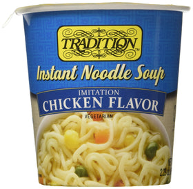 Tradition imitation chicken flavor noodle soup cup for quick meals.