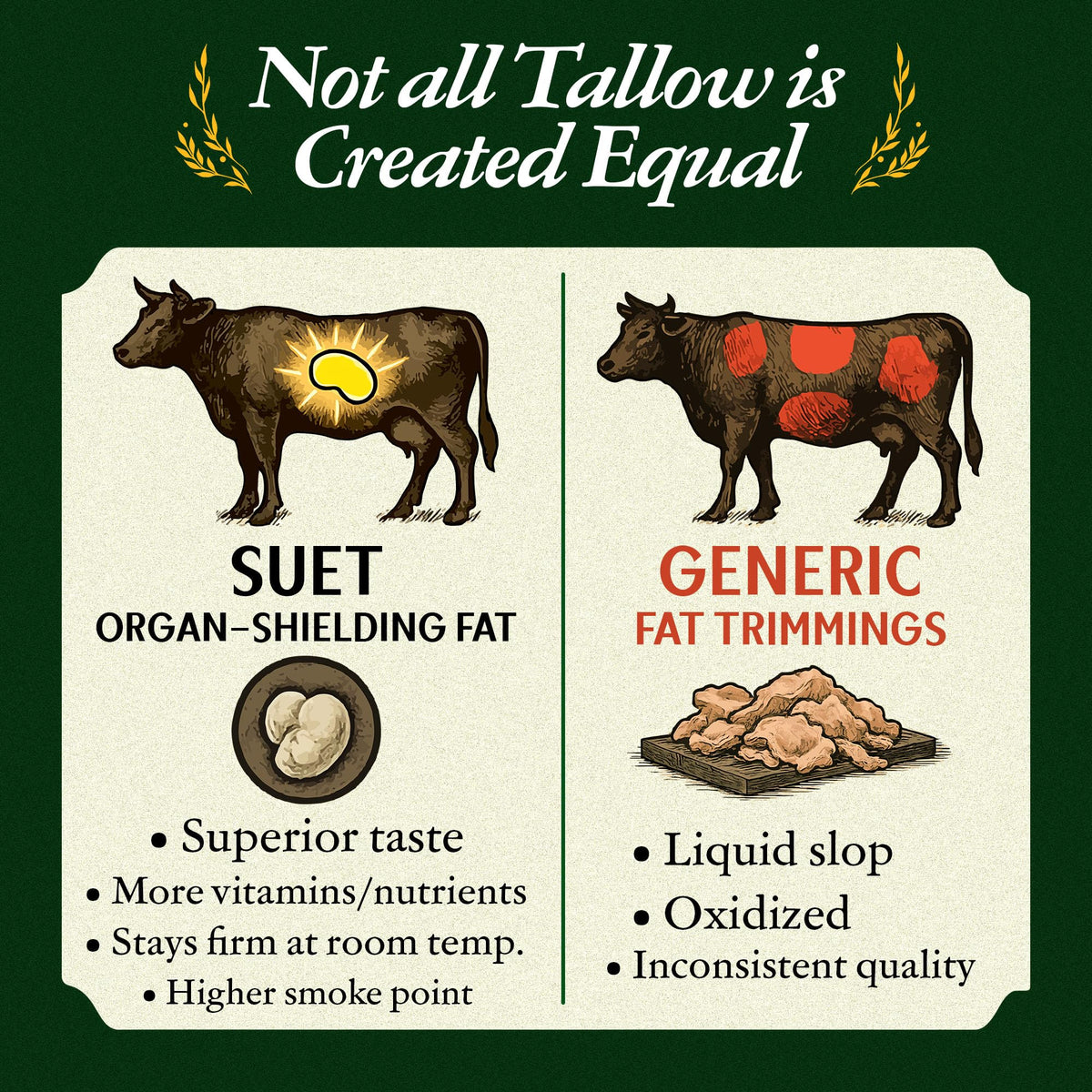 Tradition Nutrients grass-fed tallow highlights pasture-based sourcing and vitamin-rich fat for cooking