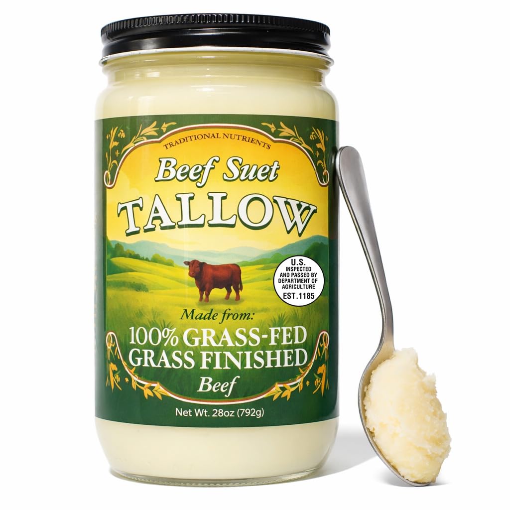 Tradition Nutrients beef tallow jar shows a nutrient-rich cooking fat for high-heat searing