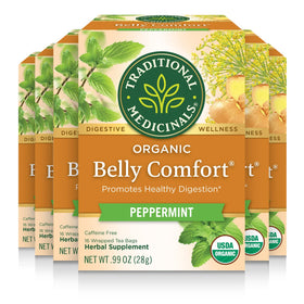 Traditional Medicinals Belly Comfort Tea pack with minty blend supports digestion.
