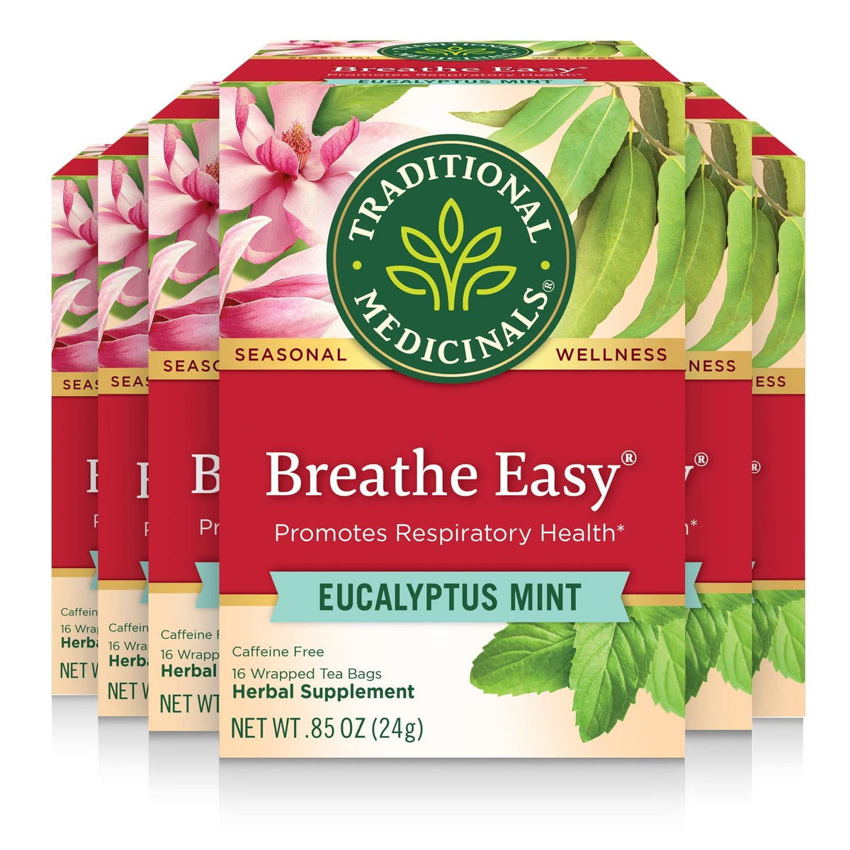Traditional Medicinals Breathe Easy eucalyptus mint tea bags showing aroma and flavor notes