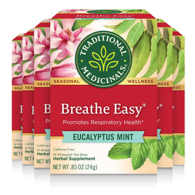 Traditional Medicinals Breathe Easy eucalyptus mint tea bags showing aroma and flavor notes