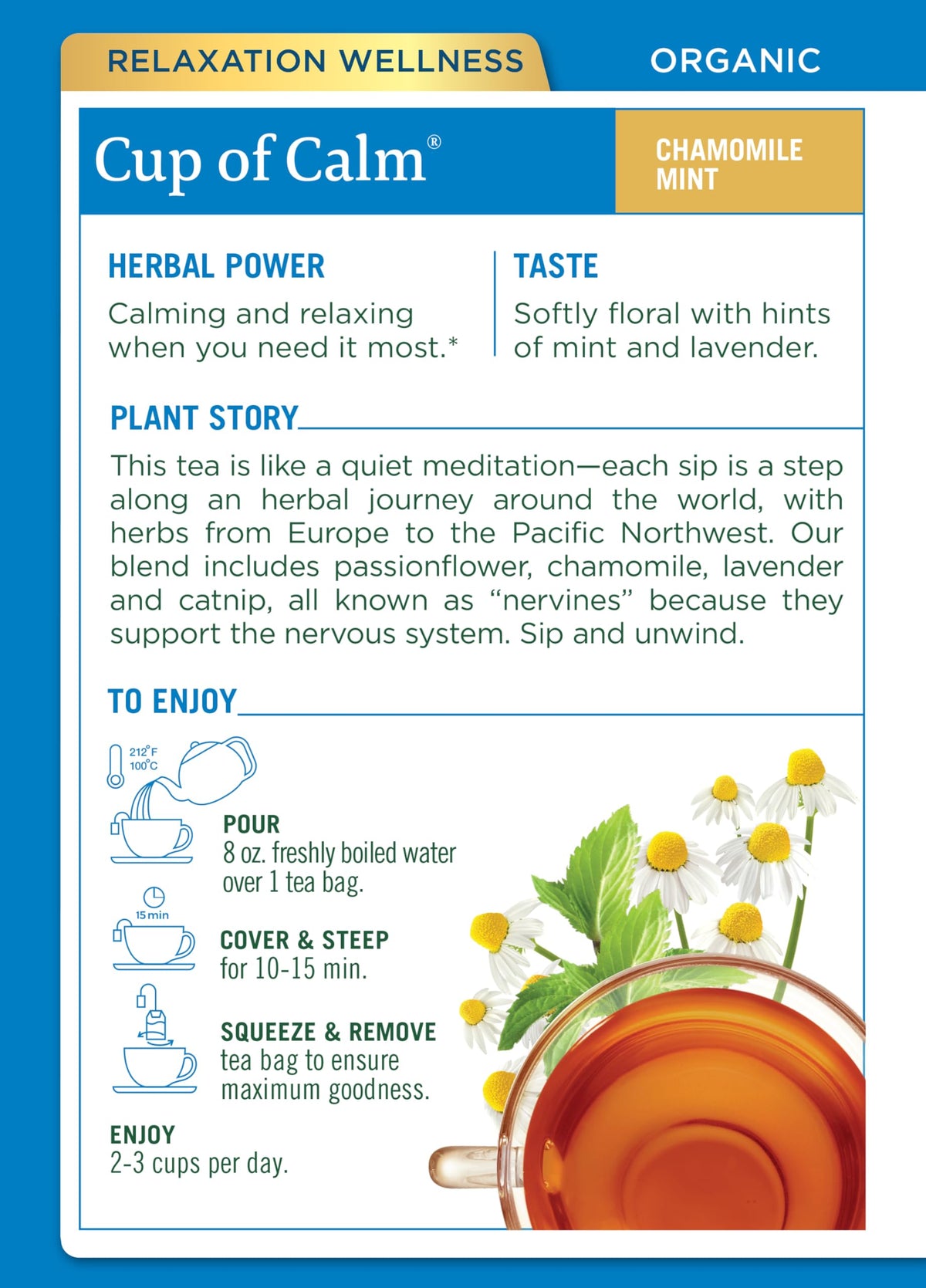 Traditional Medicinals Chamomile and Lavender teas in box for soothing evenings