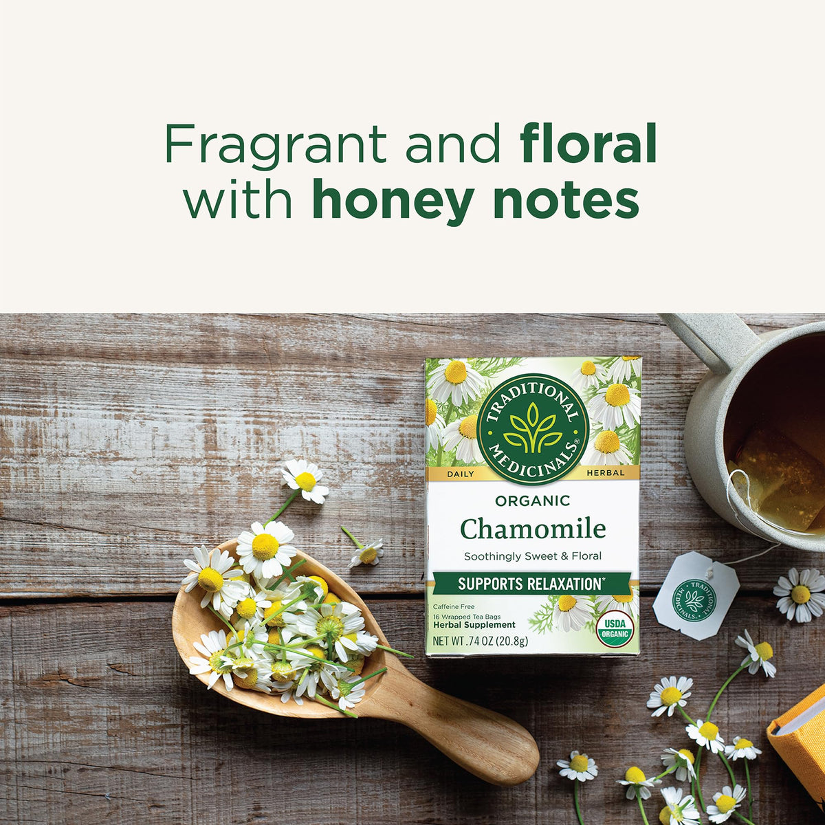 Traditional Medicinals chamomile tea cup brew releasing fragrant floral notes.