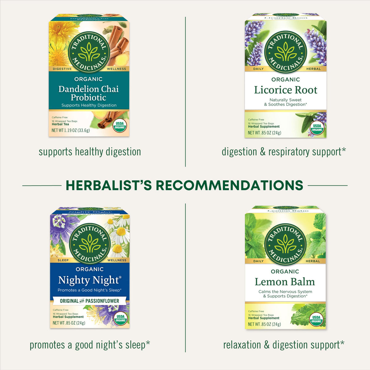 Traditional Medicinals compostable tea bags emphasize eco-friendly packaging.