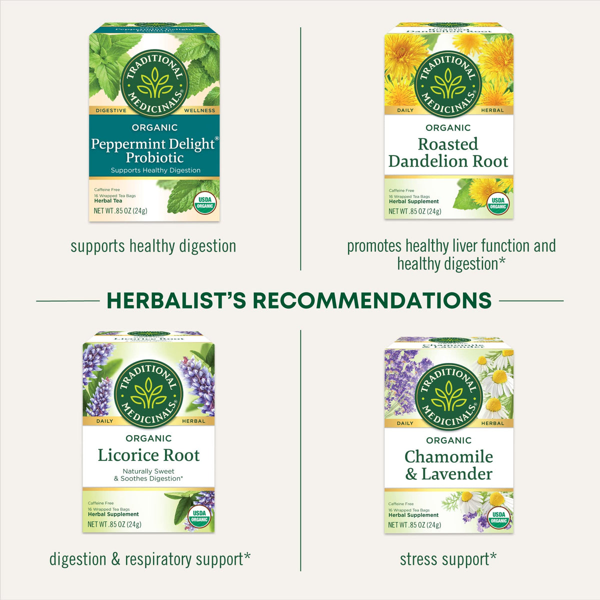 Compostable tea bags from Traditional Medicinals shown in natural light.