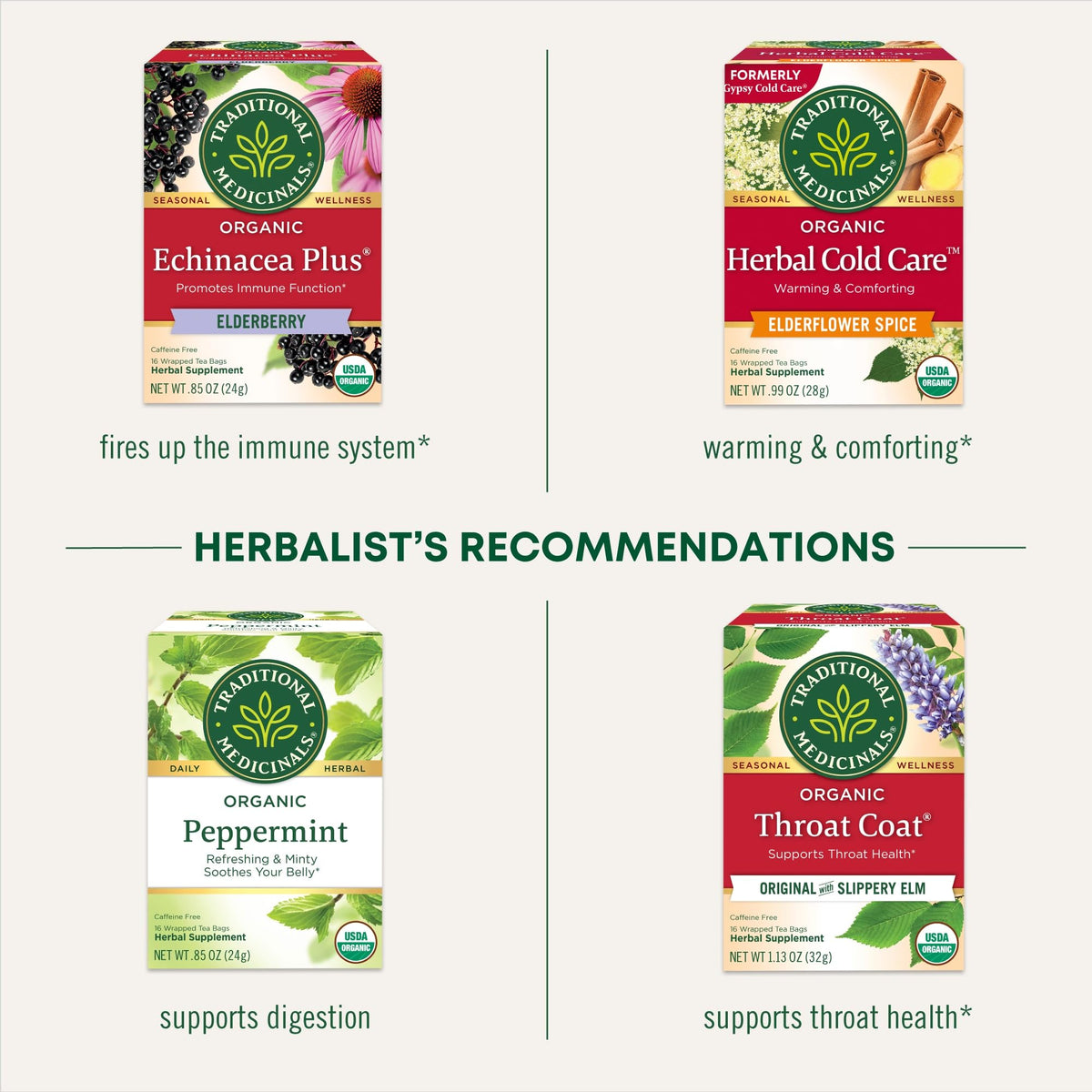 Compostable tea bags from Traditional Medicinals signaling eco-friendly packaging