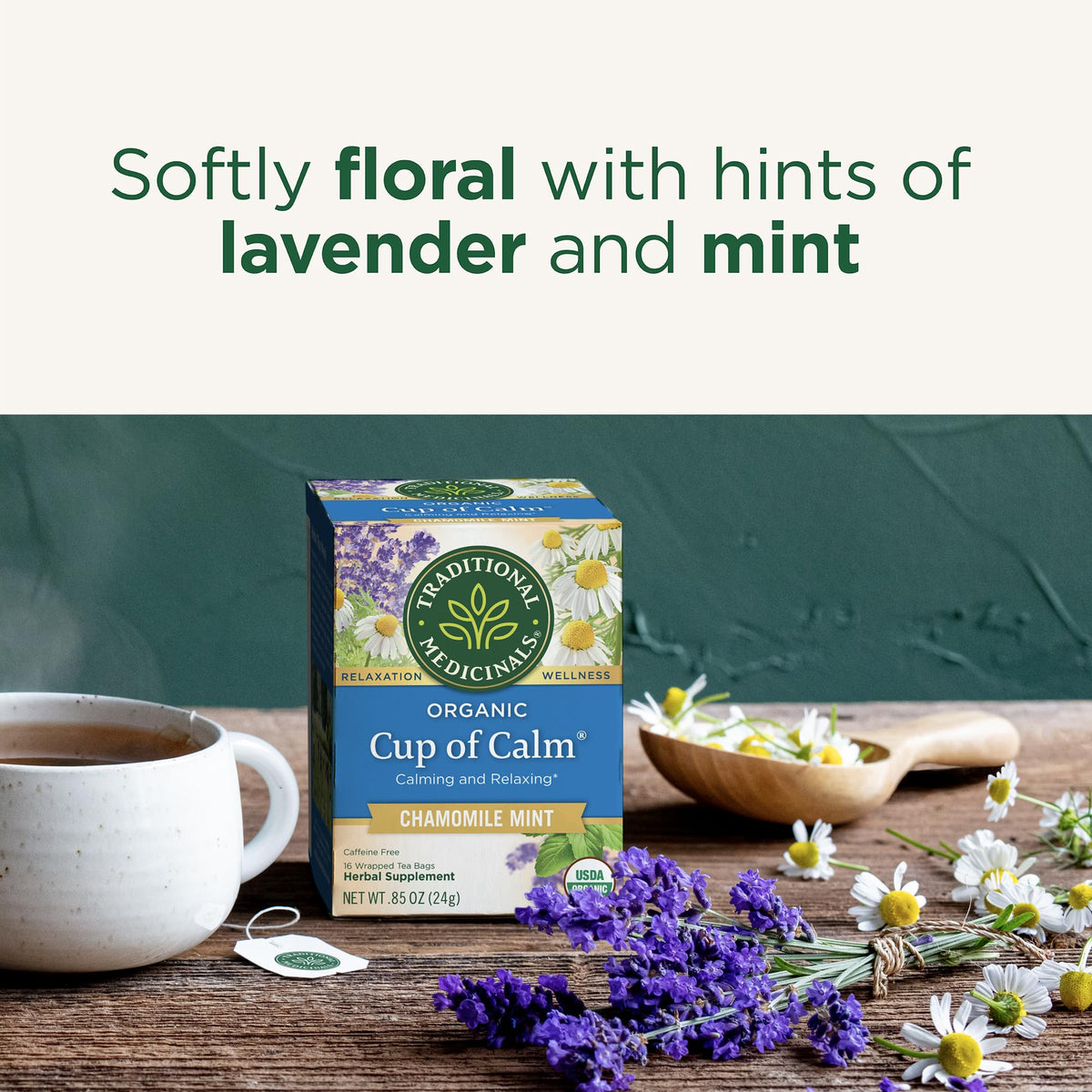 Cup of Calm packaging and label, highlighting organic caffeine-free tea