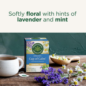 Cup of Calm packaging and label, highlighting organic caffeine-free tea