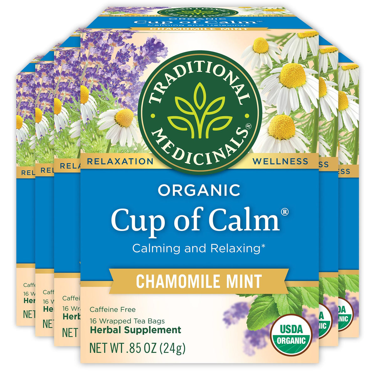 Traditional Medicinals Cup of Calm tea bags in pack, promoting a calming routine