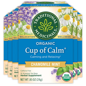 Traditional Medicinals Cup of Calm tea bags in pack, promoting a calming routine