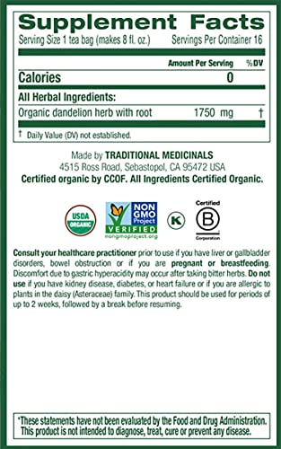 Traditional Medicinals dandelion leaf and root close-up shows natural ingredients.