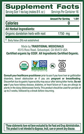 Traditional Medicinals dandelion leaf and root close-up shows natural ingredients.