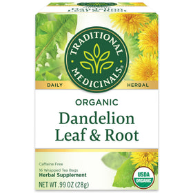 Traditional Medicinals dandelion tea bags for an herbal digestion routine.