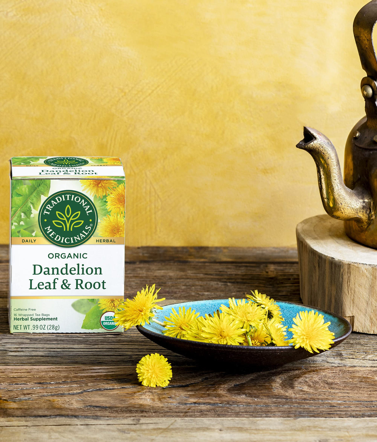 Traditional Medicinals dandelion tea setup for daily digestive routine.