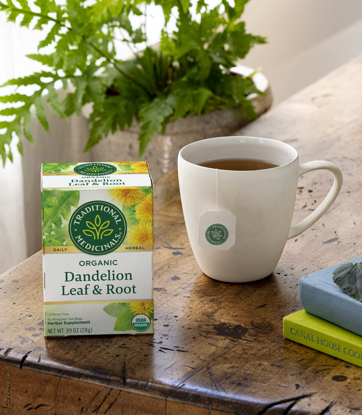 Traditional Medicinals dandelion tea steaming cup for a soothing digestive break.