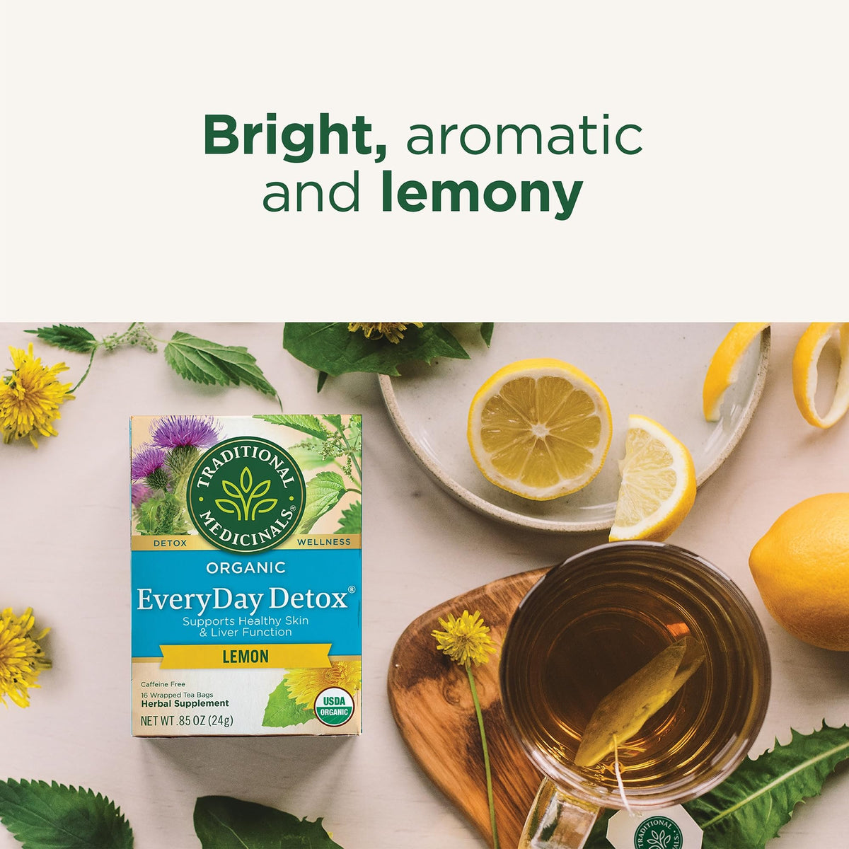 Traditional Medicinals Everyday Detox Lemon label shows USDA Organic and kosher certification