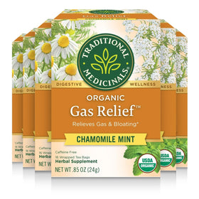 Traditional Medicinals Gas Relief Digestive Tea box showing organic blend ideal for gentle gas relief after meals.