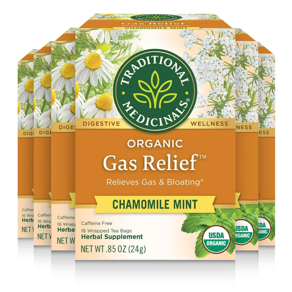 Traditional Medicinals Gas Relief Digestive Tea box showing organic blend ideal for gentle gas relief after meals.