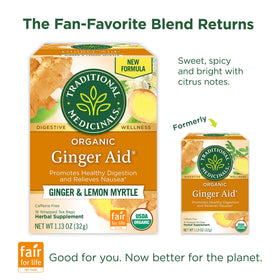 Traditional Medicinals Ginger Aid tea bags closeup for convenient after-meal sipping